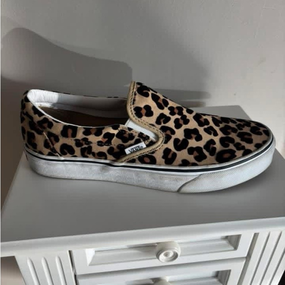 Vans Tan and Black Animal Print Slip-Ons